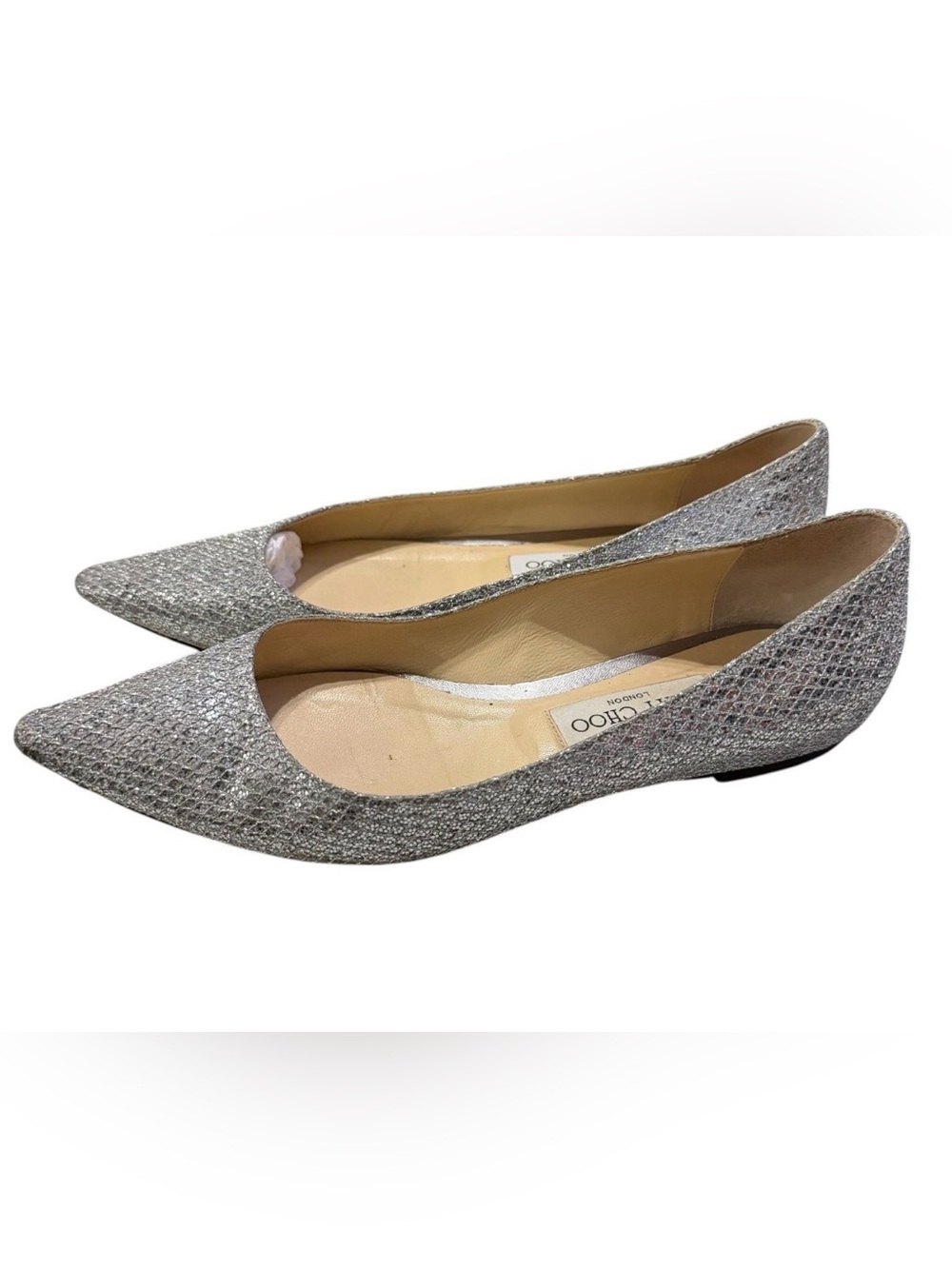 Jimmy Choo London Silver Glitter Pointed-Toe Flats – Size 38.5 / US 8.5